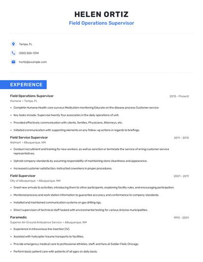 Field Operations Supervisor Resume